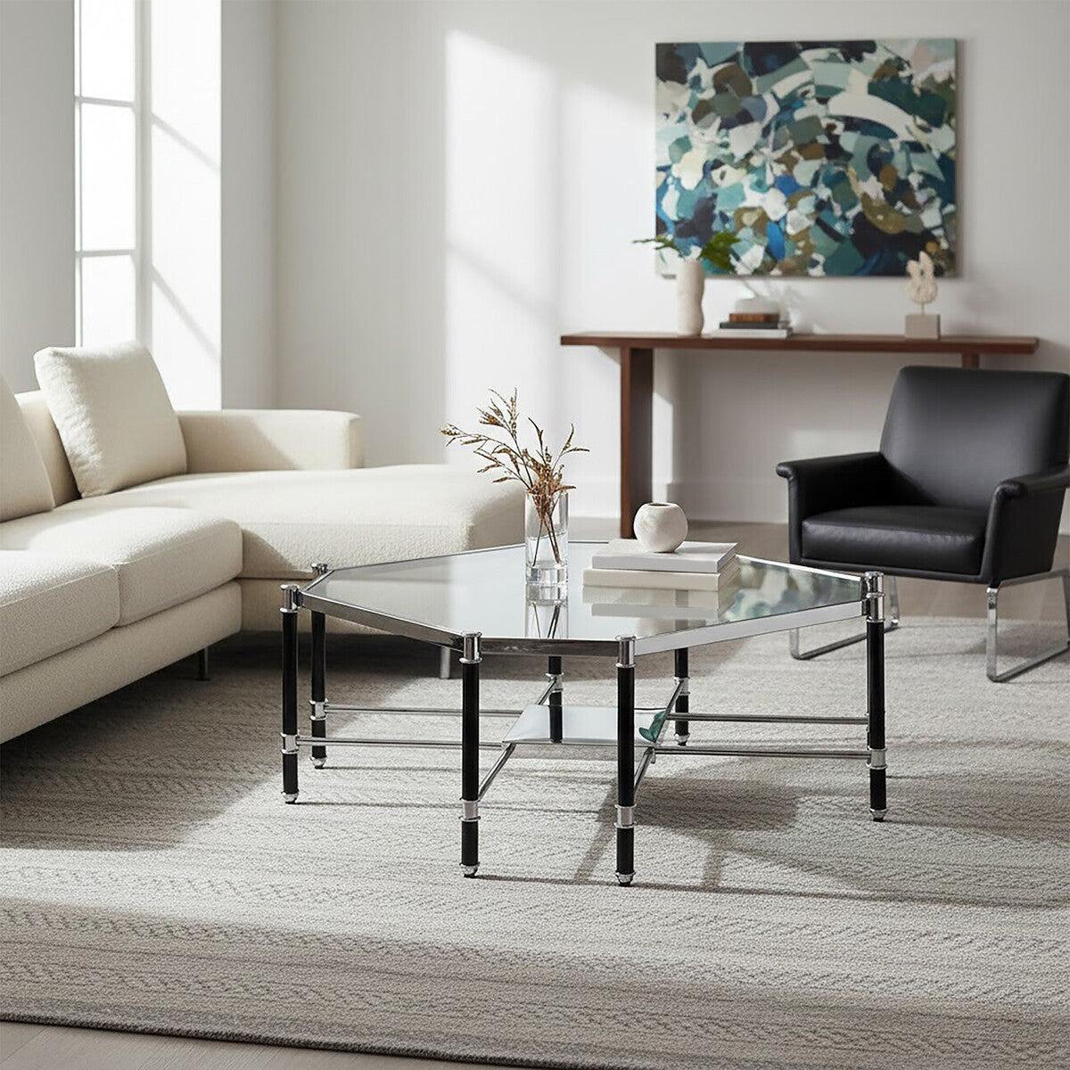 Clear Glass and Chrome Finish Coffee Table with Black Legs