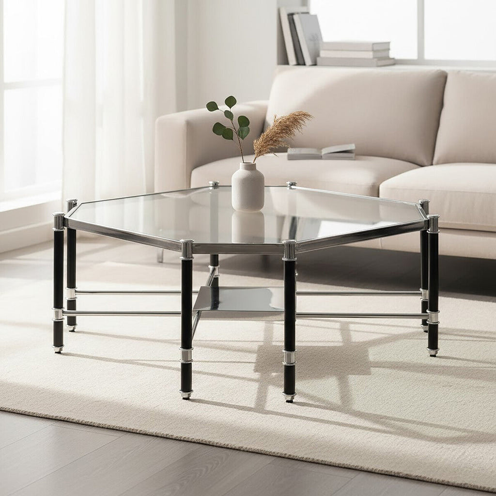 Clear Glass and Chrome Finish Coffee Table with Black Legs