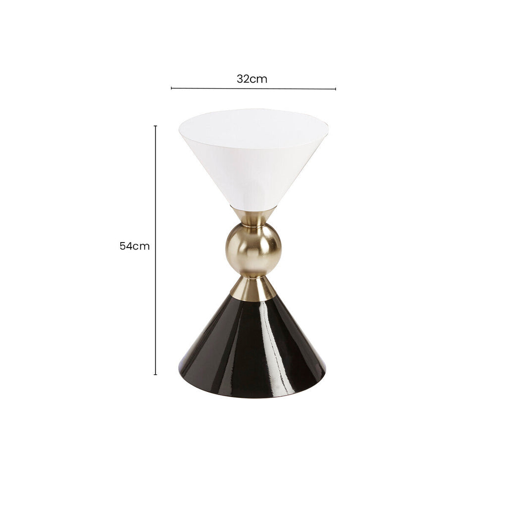 Gold and Black Metal Angular Side Table with White and Black Top and Rounded Base