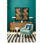 Gold and Black Metal Angular Side Table with White and Black Top and Rounded Base