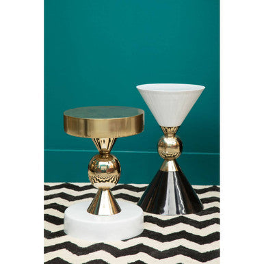 Gold and Black Metal Angular Side Table with White and Black Top and Rounded Base