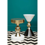 Gold and Black Metal Angular Side Table with White and Black Top and Rounded Base