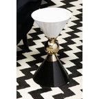 Gold and Black Metal Angular Side Table with White and Black Top and Rounded Base