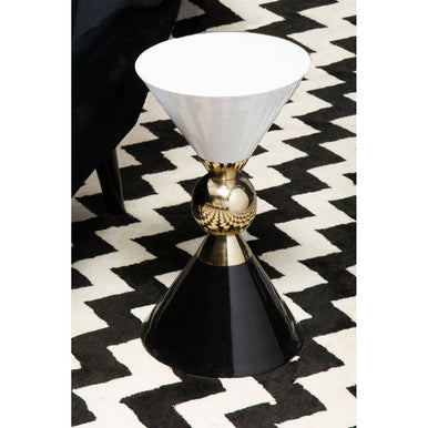 Gold and Black Metal Angular Side Table with White and Black Top and Rounded Base