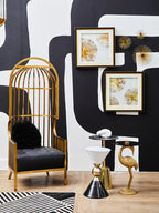 Gold and Black Metal Angular Side Table with White and Black Top and Rounded Base