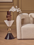Gold and Black Metal Angular Side Table with White and Black Top and Rounded Base