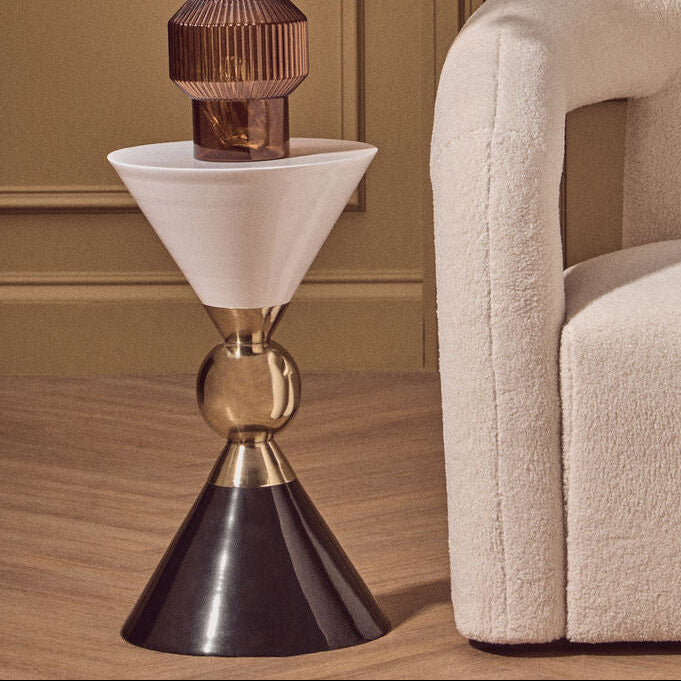 Gold and Black Metal Angular Side Table with White and Black Top and Rounded Base