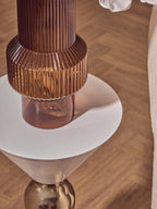 Gold and Black Metal Angular Side Table with White and Black Top and Rounded Base