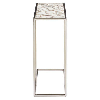 White and Silver Finish Semi-Precious Agate Side Table with Banded Pattern