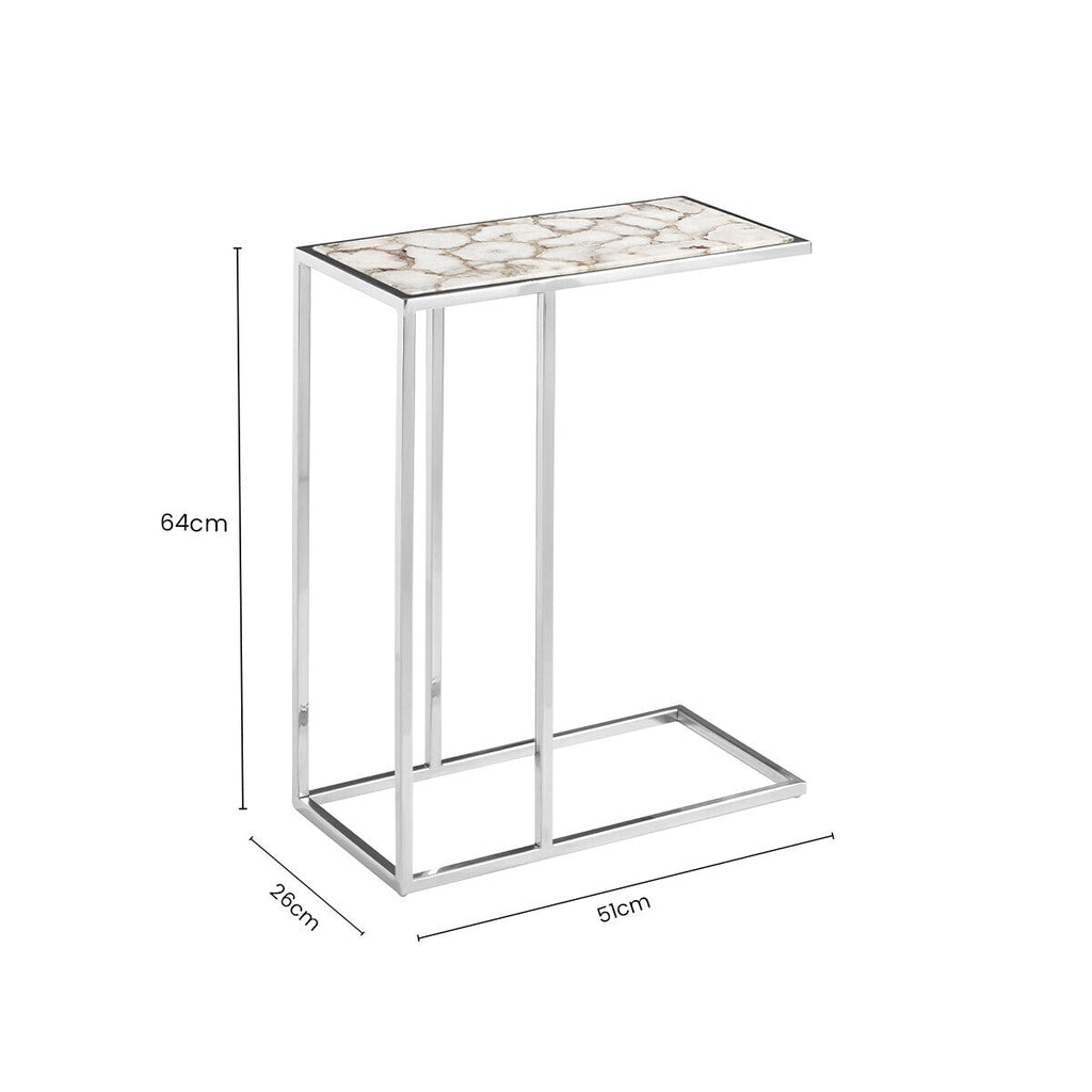 White and Silver Finish Semi-Precious Agate Side Table with Banded Pattern