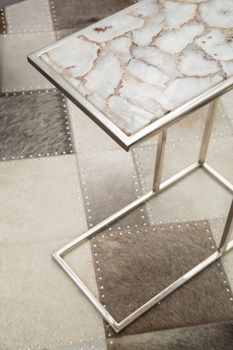 White and Silver Finish Semi-Precious Agate Side Table with Banded Pattern