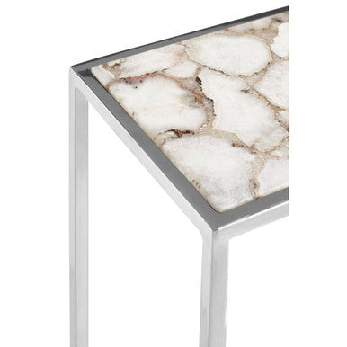 White and Silver Finish Semi-Precious Agate Side Table with Banded Pattern