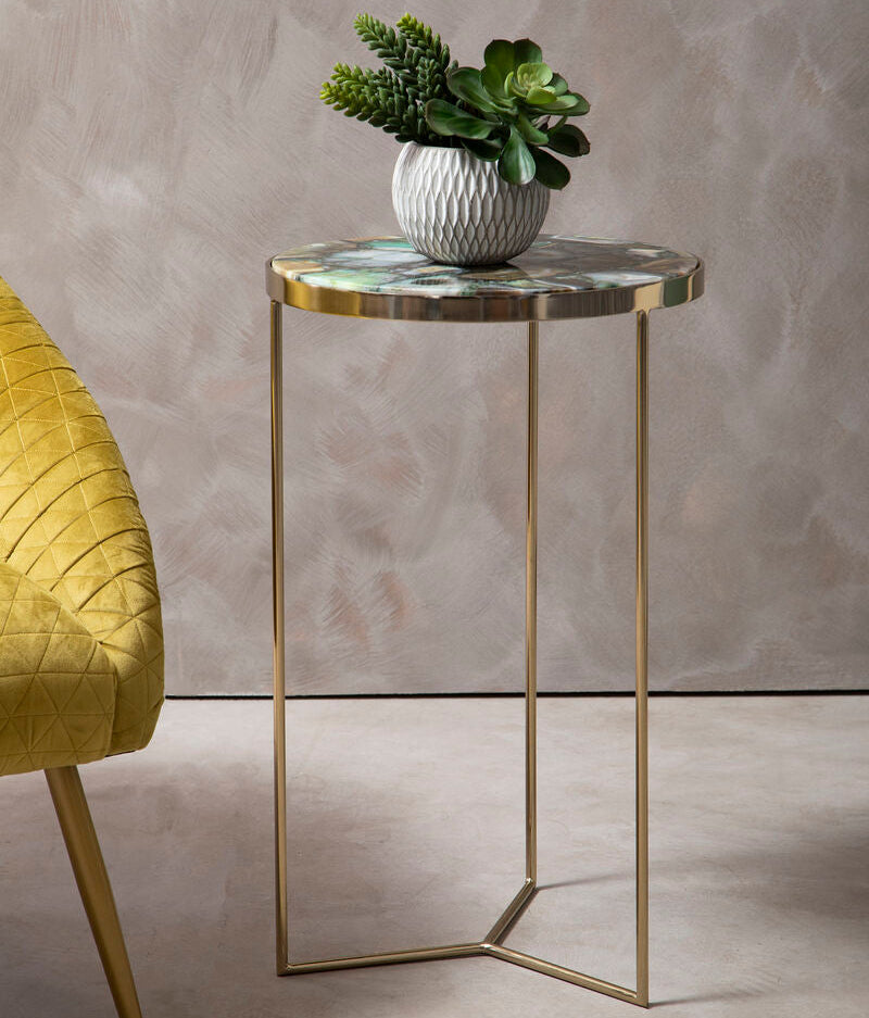 Gold and Assorted Warm Metallic Frame Agate Round Side Table