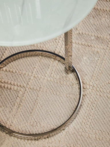 Silver Open Circular Base End Table with White Marble Effect Top