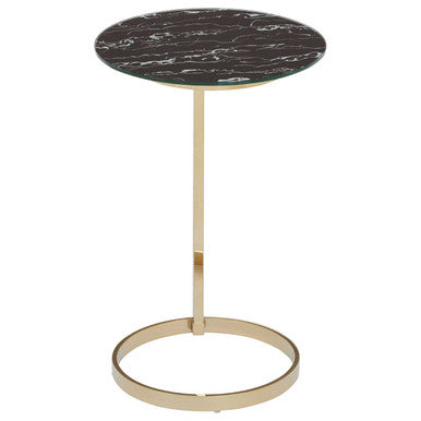 Gold Open Circular Base End Table with Black Marble Effect Glass Top