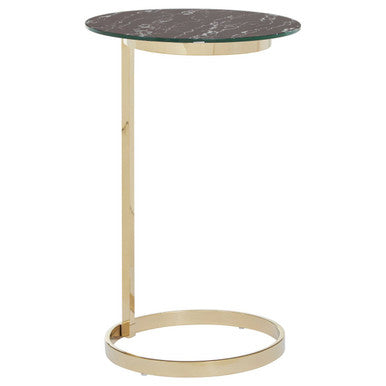 Gold Open Circular Base End Table with Black Marble Effect Glass Top