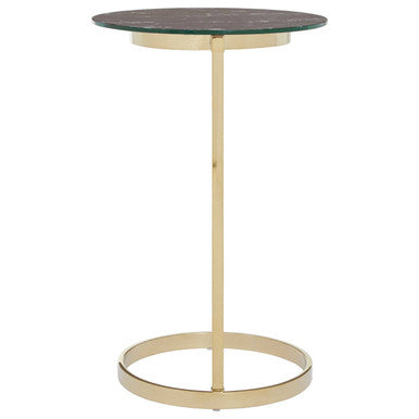 Gold Open Circular Base End Table with Black Marble Effect Glass Top