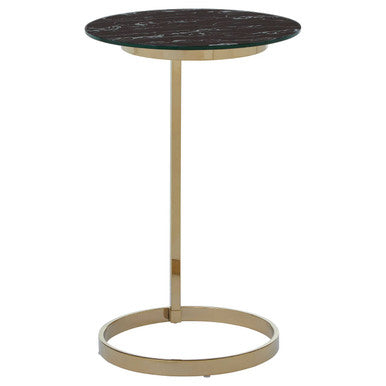 Gold Open Circular Base End Table with Black Marble Effect Glass Top
