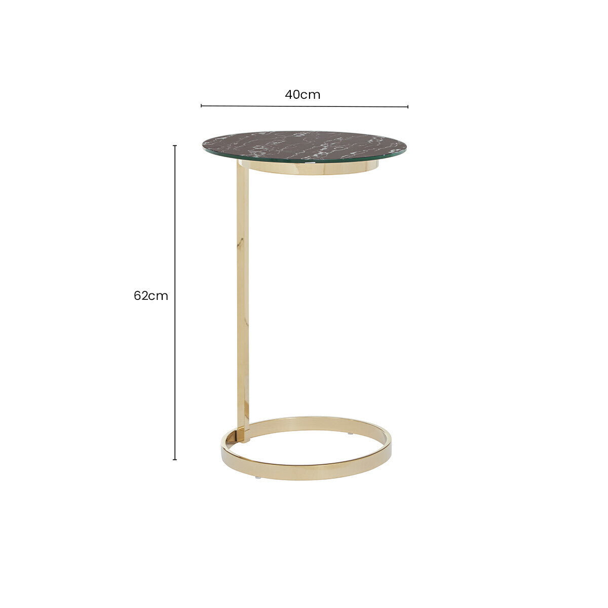 Gold Open Circular Base End Table with Black Marble Effect Glass Top