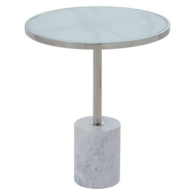 White Marble Effect and Silver Finish Round Side Table