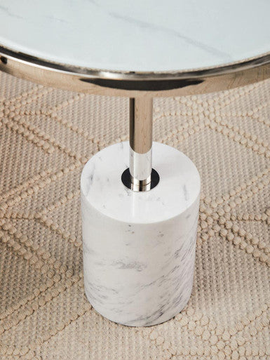 White Marble Effect and Silver Finish Round Side Table