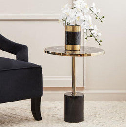 Gold Frame T-Shape End Table with Black Marble Top