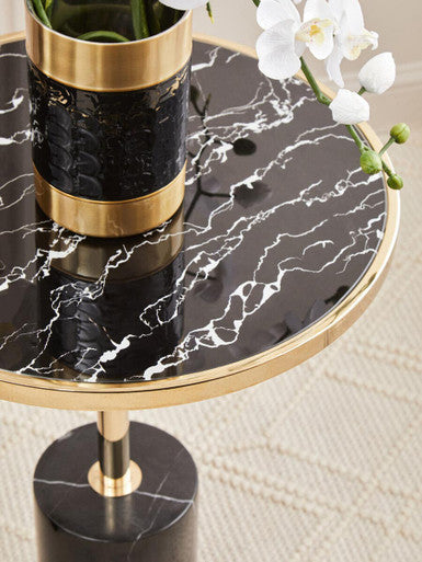 Gold Frame T-Shape End Table with Black Marble Top