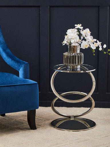 Silver Finish Rings Shaped Base End Table with Clear Glass Top