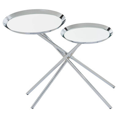 Silver Mirrored Stainless Steel Side Table with Dual Tiered Shelves