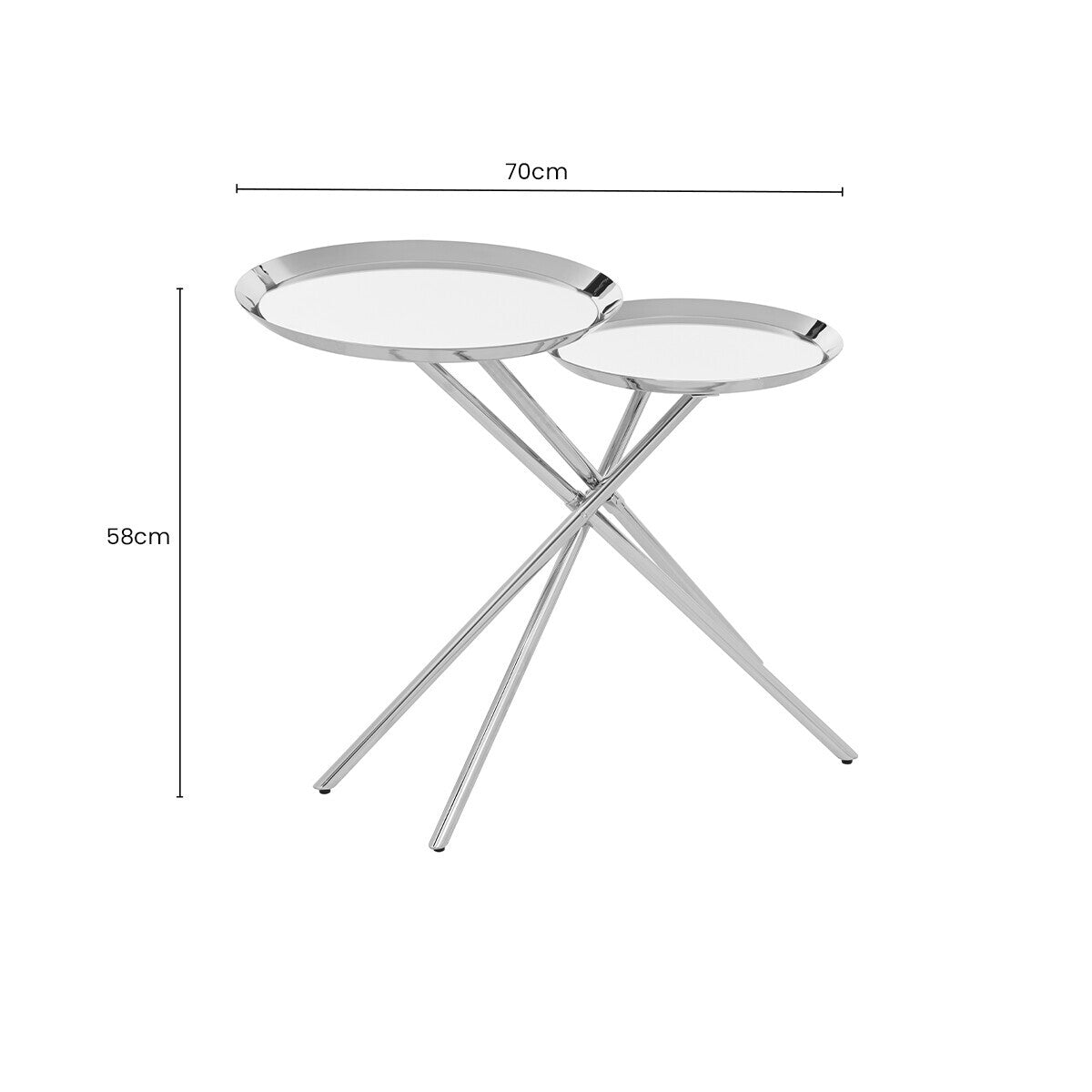 Silver Mirrored Stainless Steel Side Table with Dual Tiered Shelves