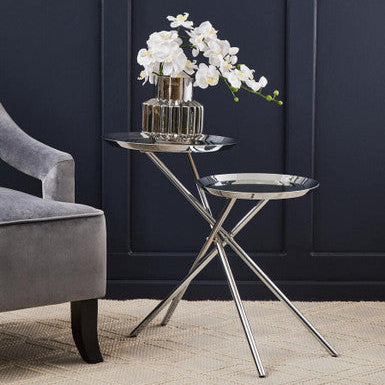 Silver Mirrored Stainless Steel Side Table with Dual Tiered Shelves