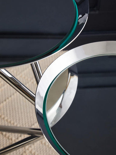 Silver Mirrored Stainless Steel Side Table with Dual Tiered Shelves