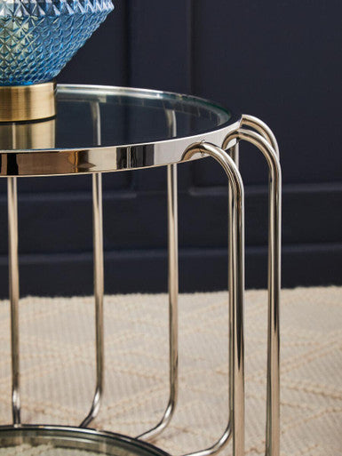 Silver Finish Metallic Frame Side Table with Tempered Glass Top