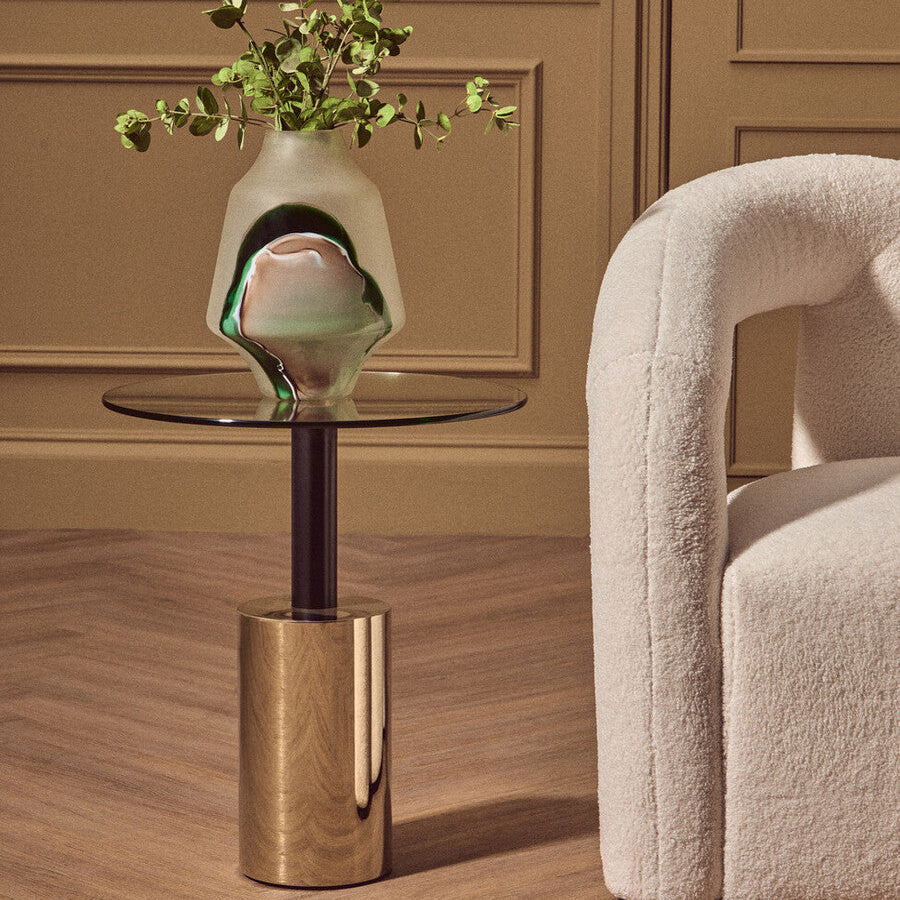 Black and Gold Powder-Coated T-Shape End Table with Clear Glass Top