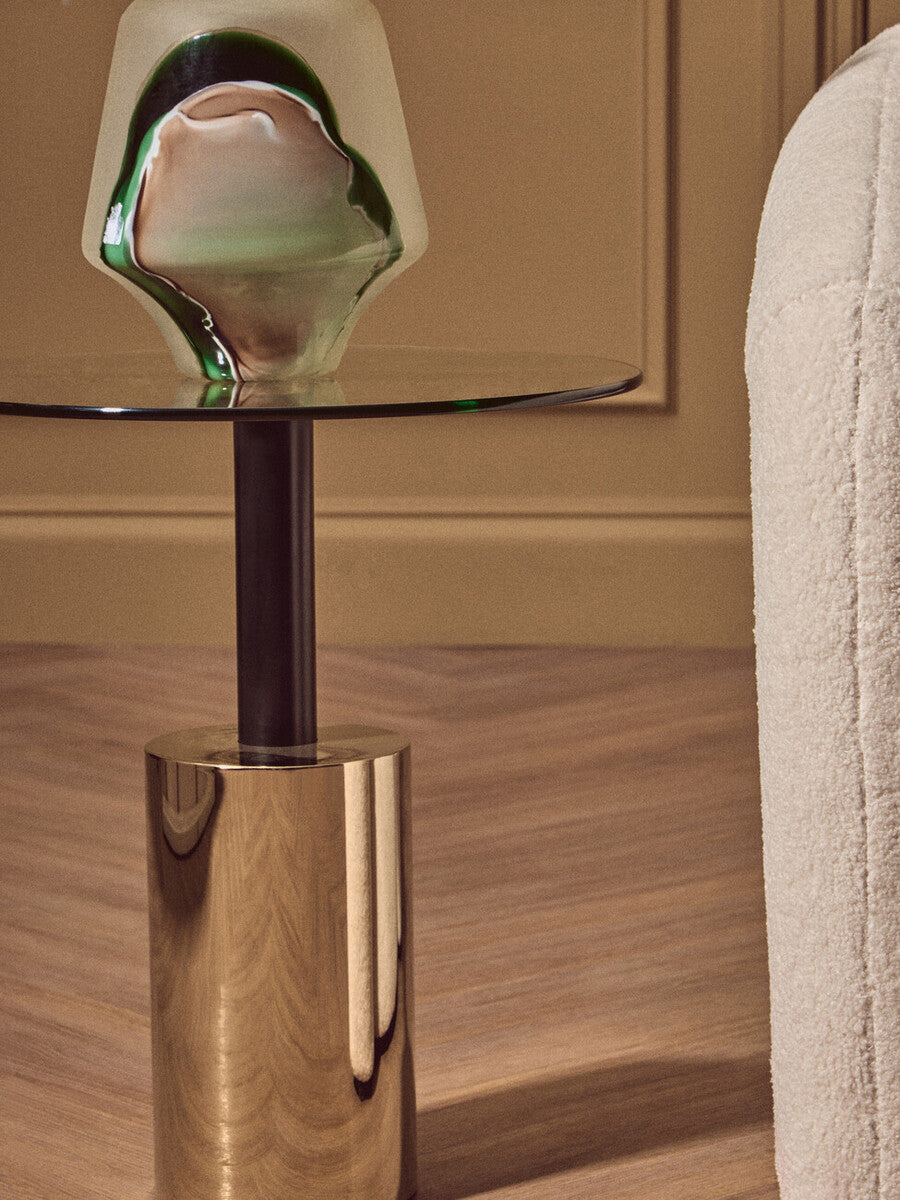 Black and Gold Powder-Coated T-Shape End Table with Clear Glass Top