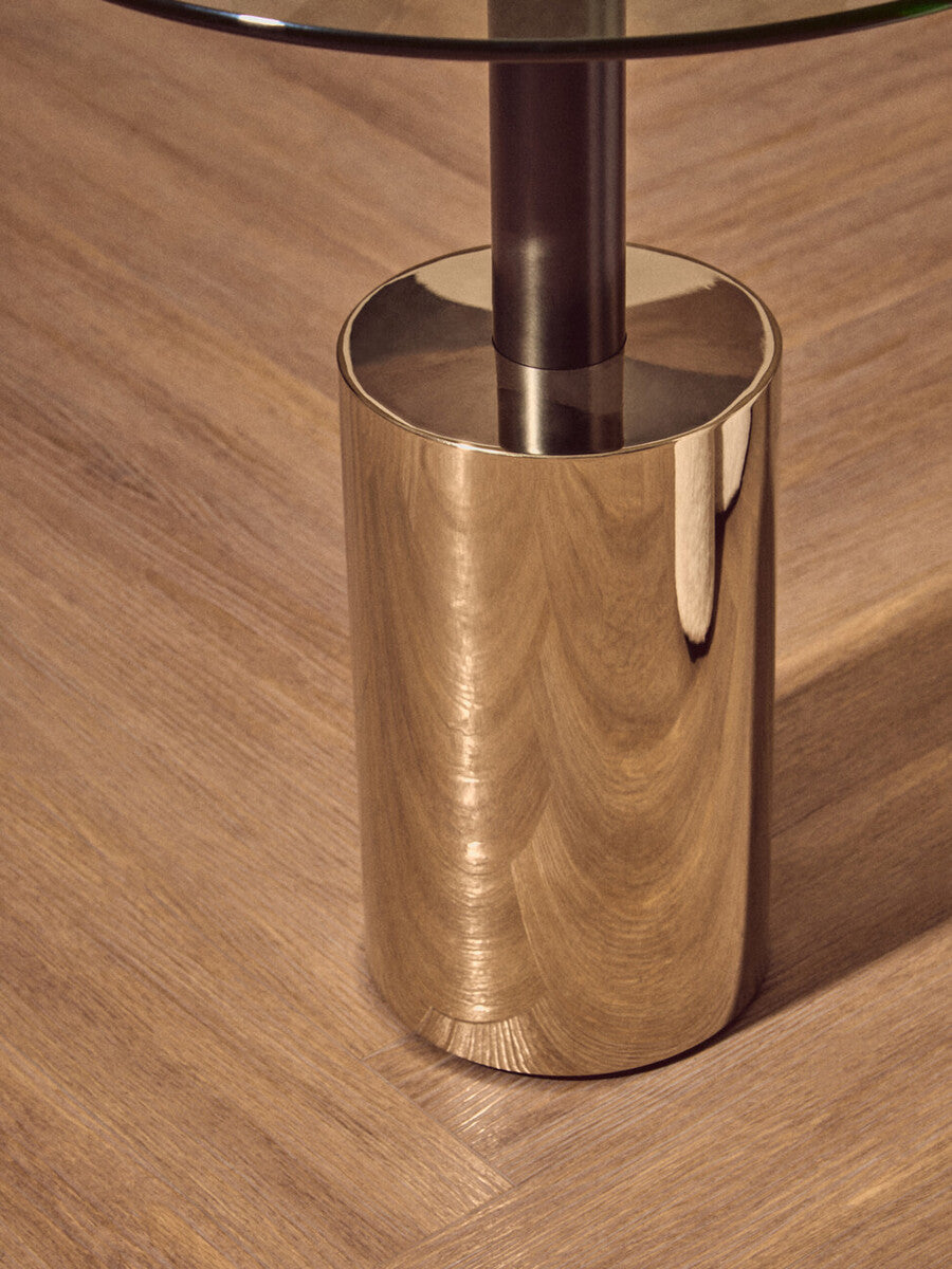 Black and Gold Powder-Coated T-Shape End Table with Clear Glass Top
