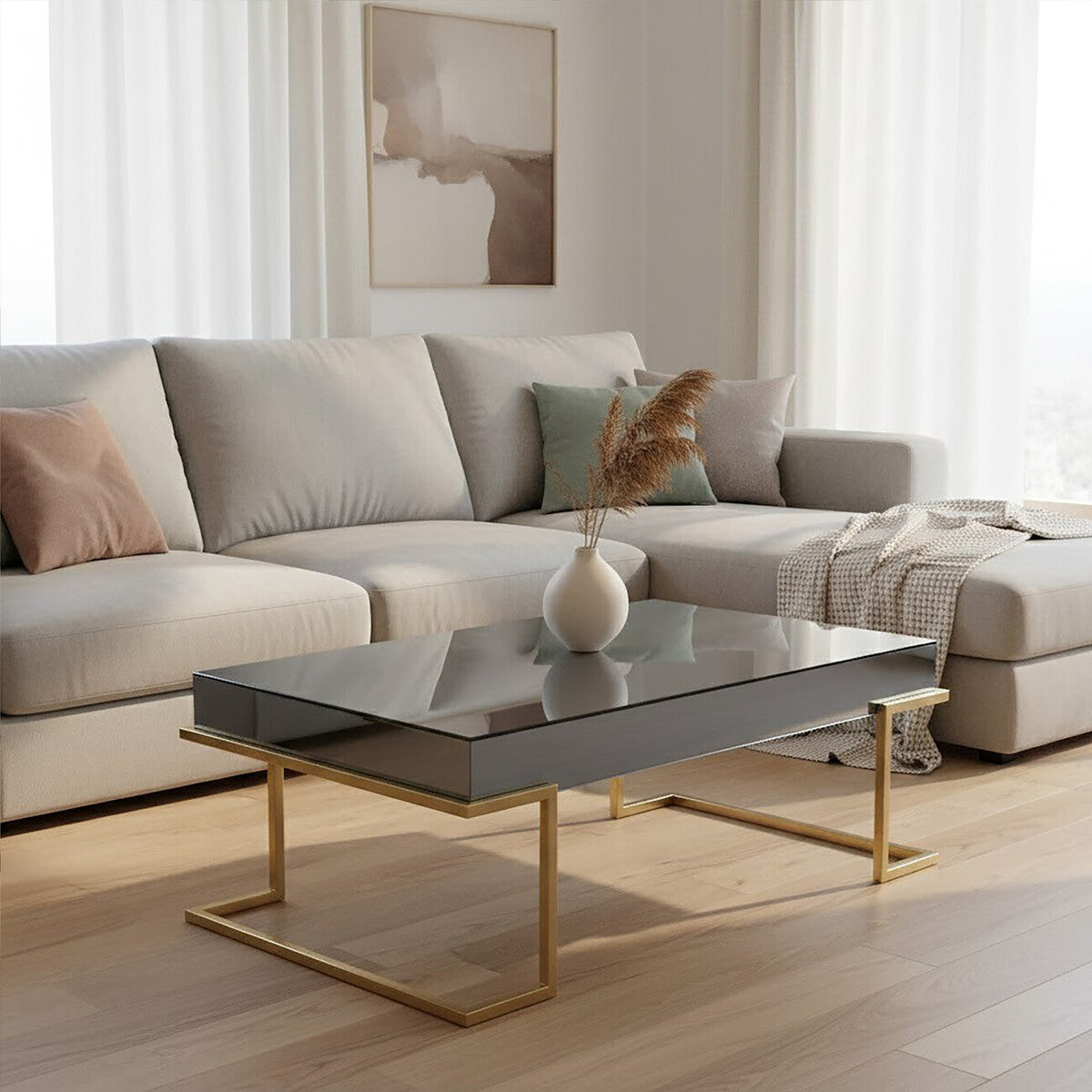 Grey Mirrored and Gold Finish Coffee Table