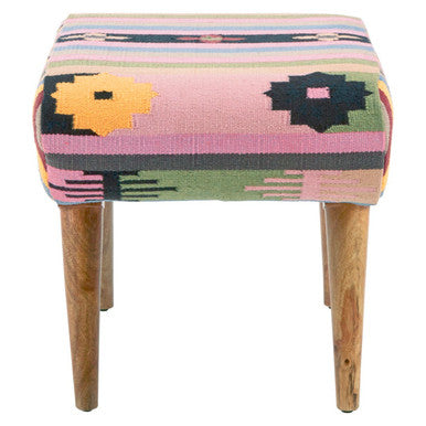 Multi Coloured Fabric Footstool with Mango Wood Legs