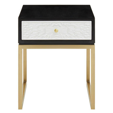 Black and White 1 Drawer Side Table with Gold Base