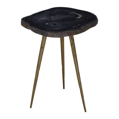 Dark Petrified Wood and Brass Finish Beveled Edge Side Table