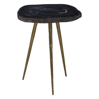Dark Petrified Wood and Brass Finish Beveled Edge Side Table