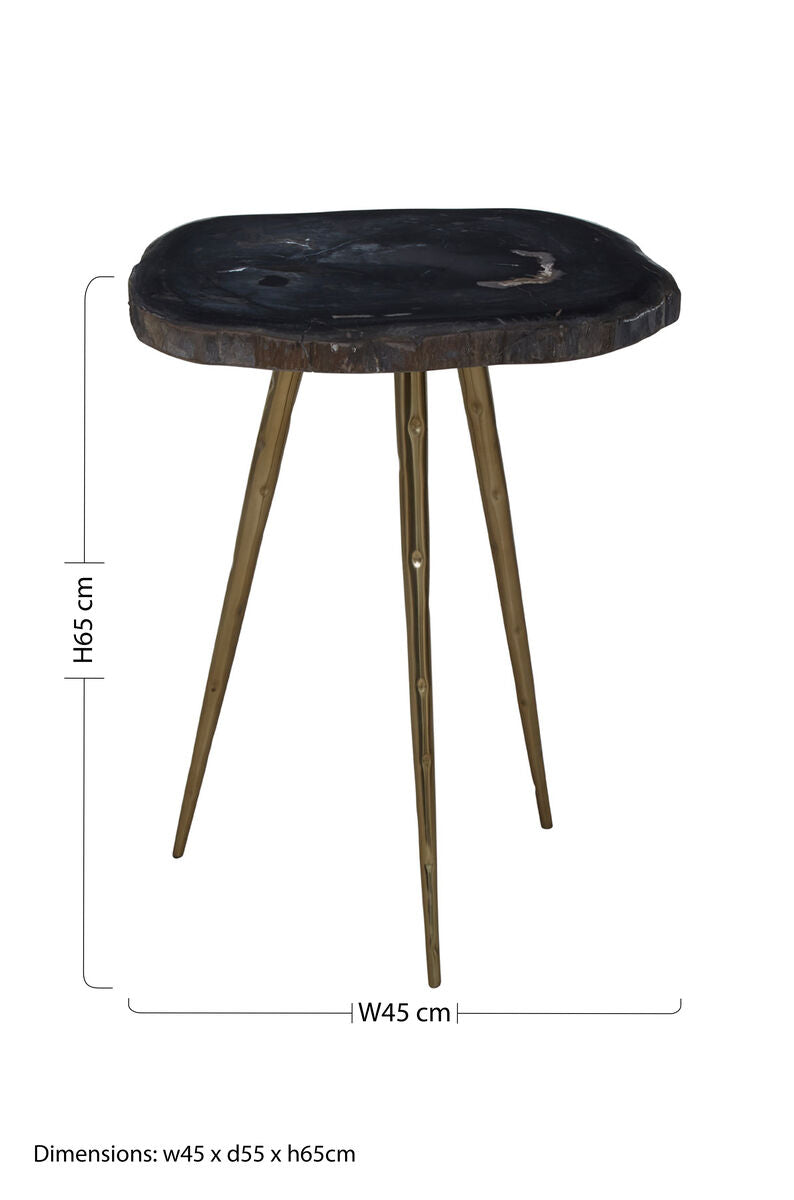 Dark Petrified Wood and Brass Finish Beveled Edge Side Table