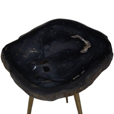 Dark Petrified Wood and Brass Finish Beveled Edge Side Table