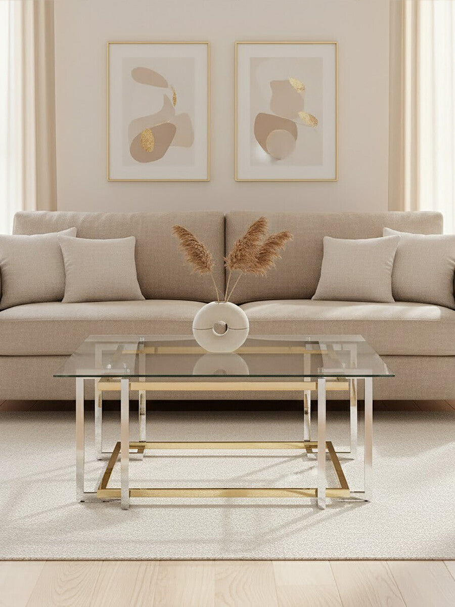 Clear Glass Coffee Table with Silver and Gold Finish Base