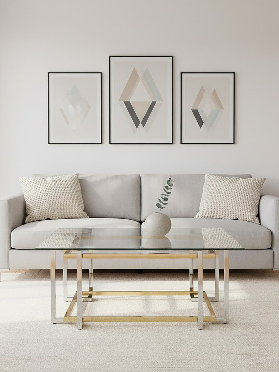 Clear Glass Coffee Table with Silver and Gold Finish Base