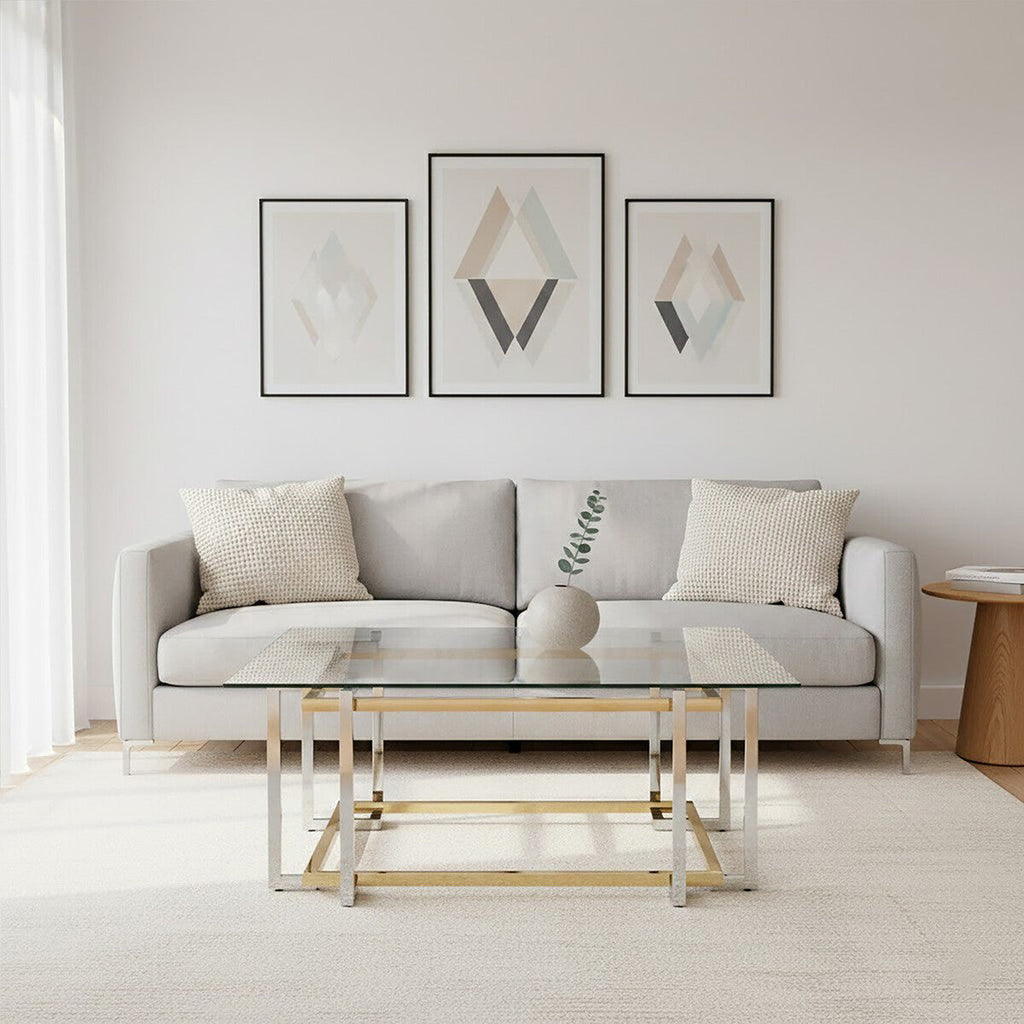 Clear Glass Coffee Table with Silver and Gold Finish Base