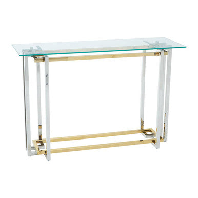 Clear Glass Console Table with Silver and Gold Finish Base