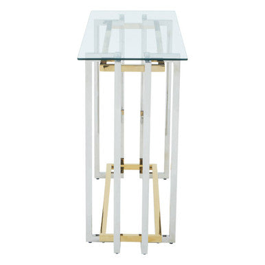Clear Glass Console Table with Silver and Gold Finish Base