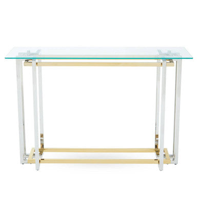Clear Glass Console Table with Silver and Gold Finish Base
