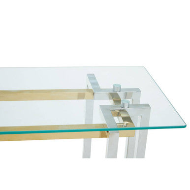 Clear Glass Console Table with Silver and Gold Finish Base